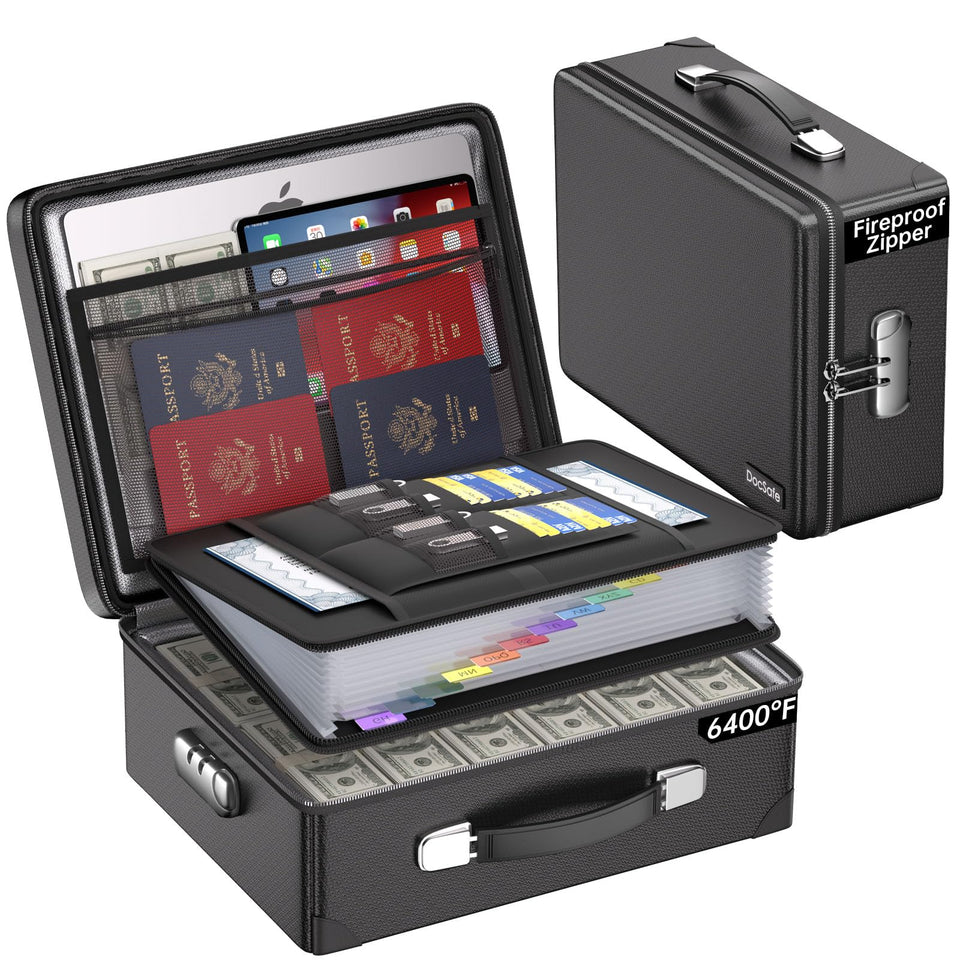 DocSafe 6400°F fireproof box with lock protects essential documents during emergencies.