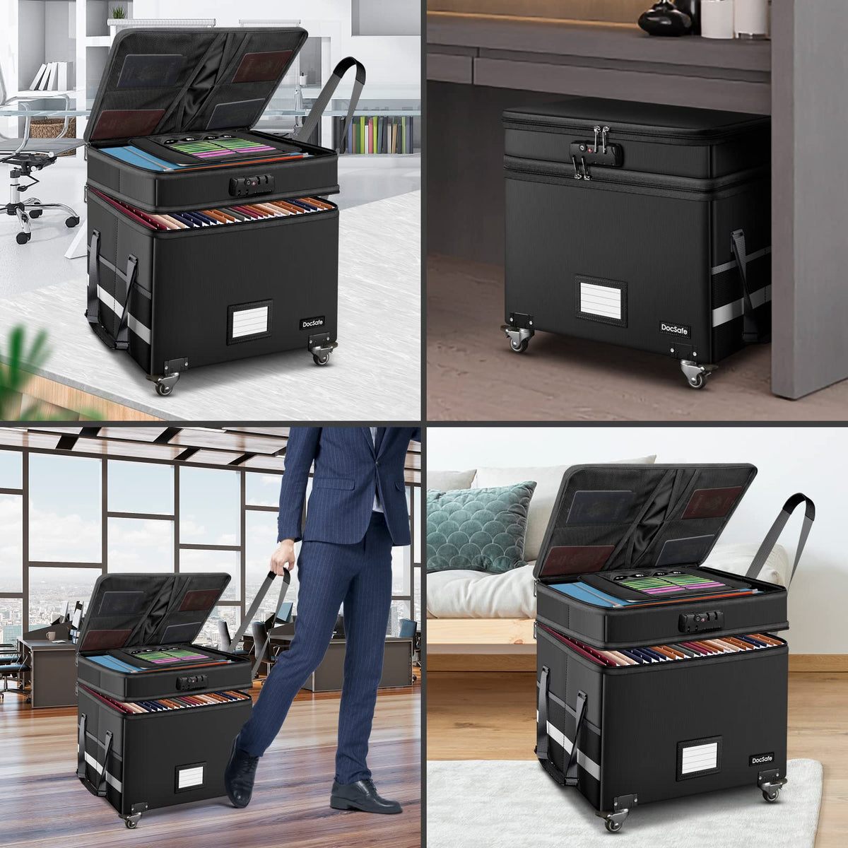 DocSafe collapsible file storage with pockets keeps essentials neatly stored.