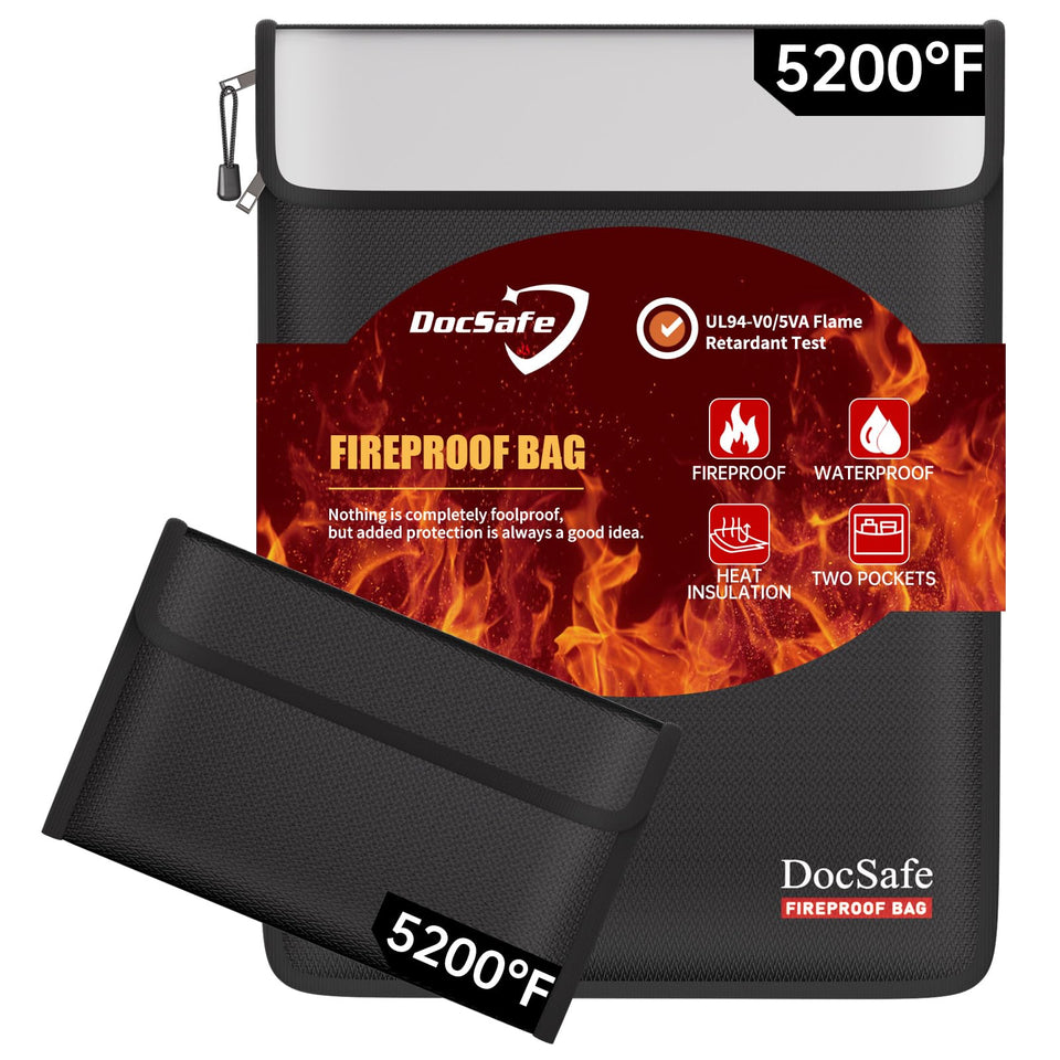 DocSafe fireproof bag with 5200°F insulation protecting important documents during a fire