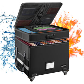 DocSafe fireproof box with lock and wheels protects documents during transport.