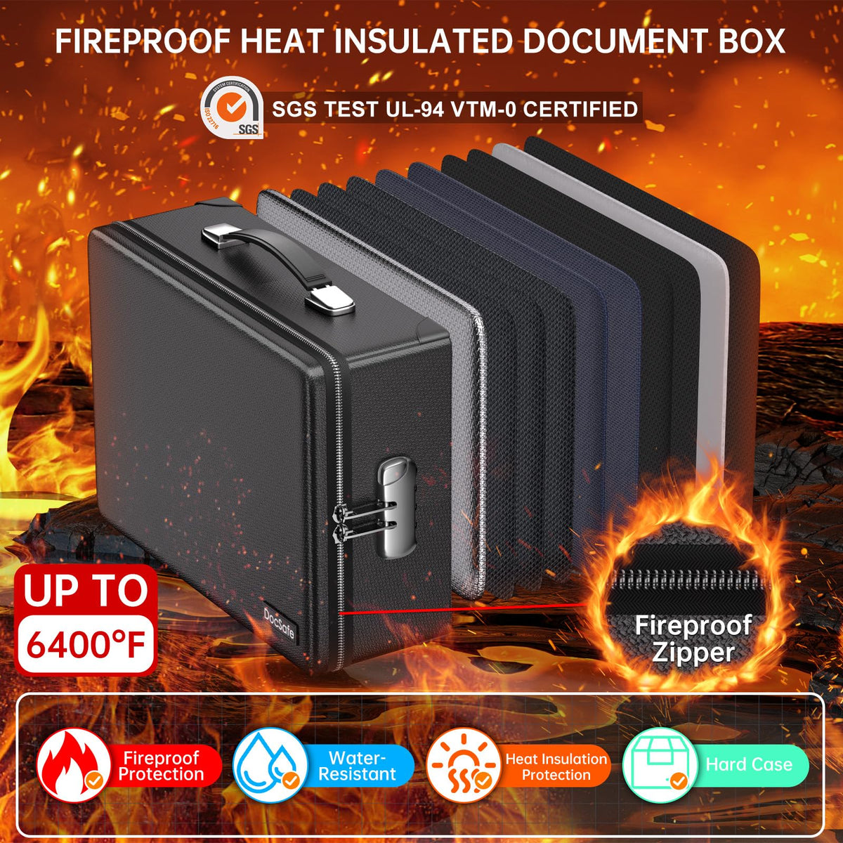 DocSafe fireproof zipper protects files from flames for safer transport.