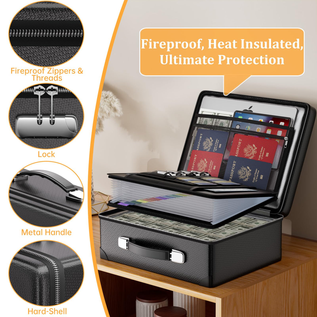 DocSafe large capacity compartments keep documents, money, and valuables organized.