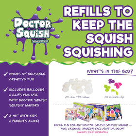 Doctor Squish refill with ten reusable clips for secure, tidy squishy assembly.
