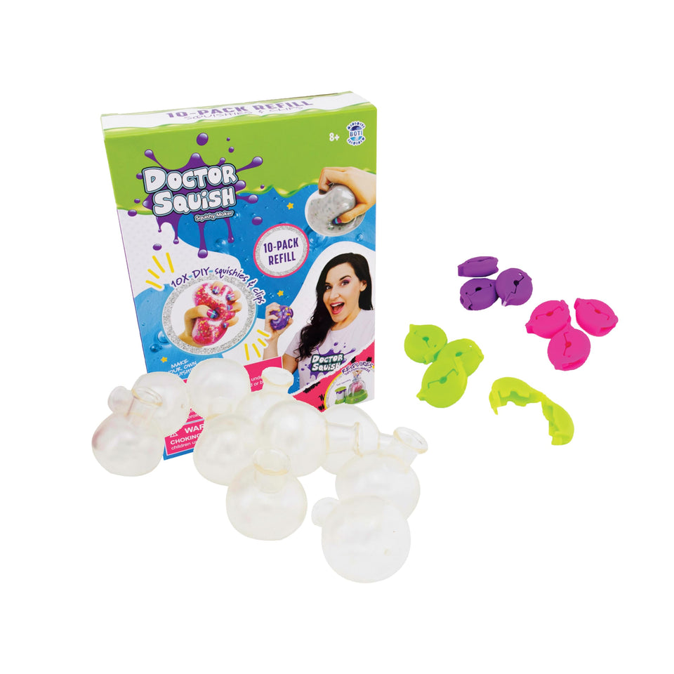 Doctor Squish refill with ten clear TPR balloons for versatile squishy designs.