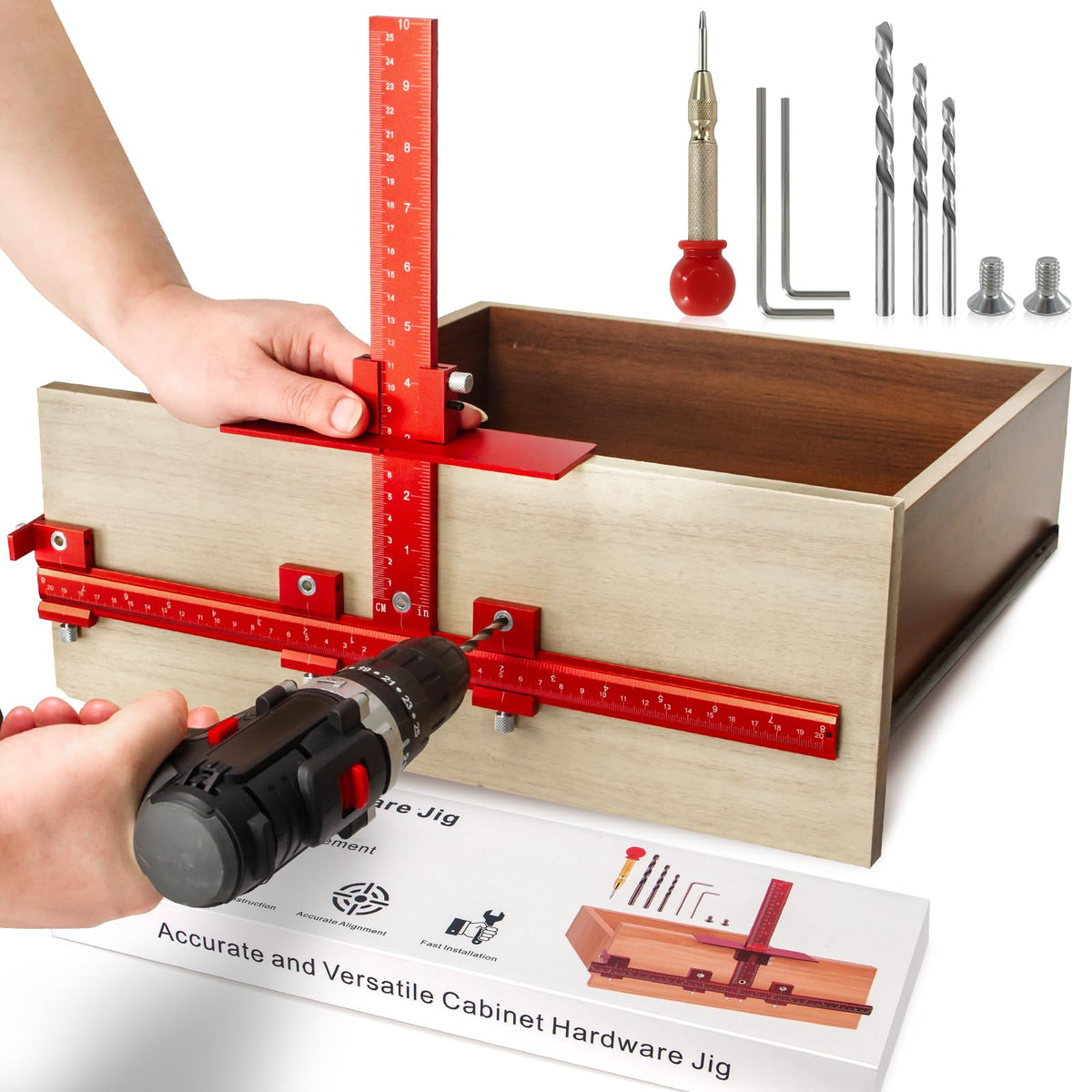 DOCXCDO aluminum cabinet hardware jig demonstrates precise alignment for handles and knobs
