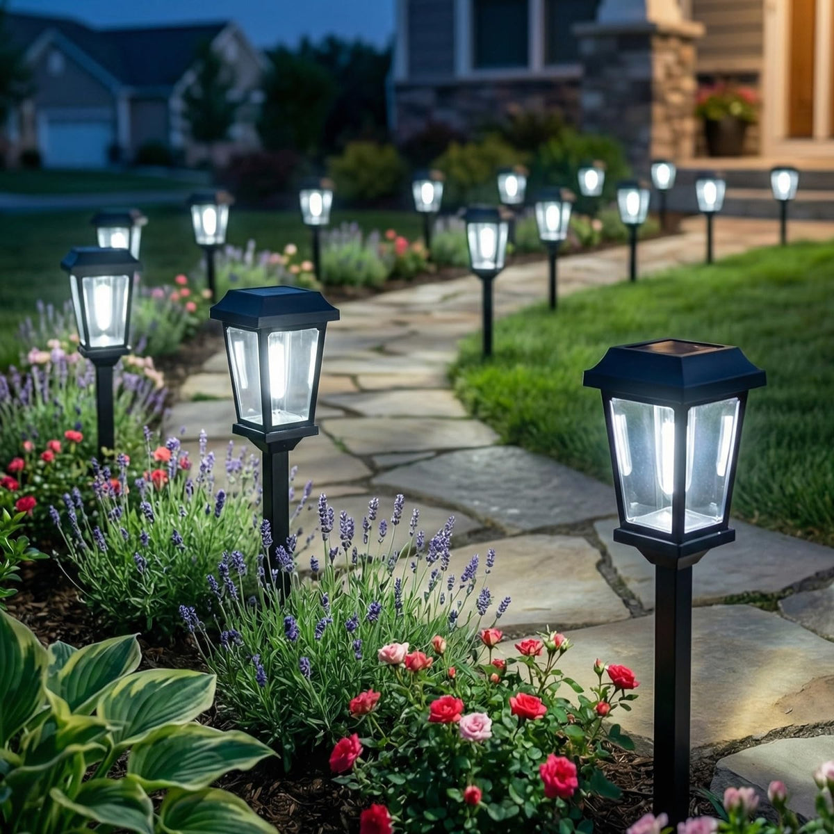 DOESLAG 12-pack solar pathway light front walkway provides safe night illumination.