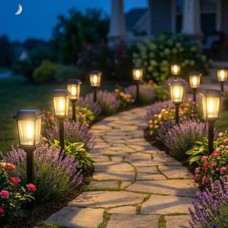 DOESLAG 12-pack pathway lights line a curved outdoor path with warm 3000K glow.
