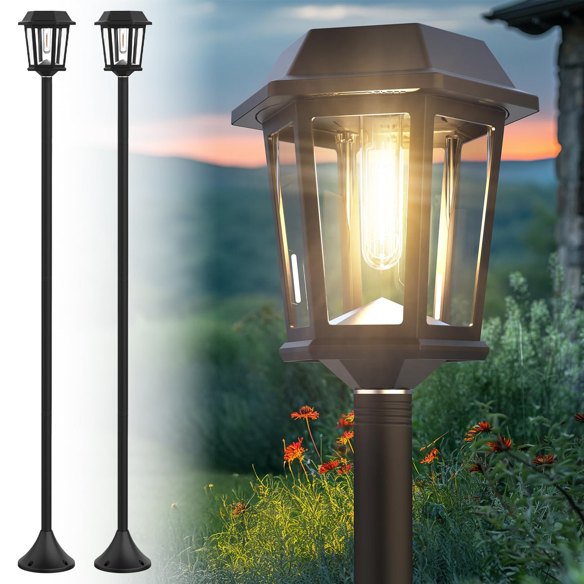 Doeslag 2-pack solar lamp post lights at dusk and dawn for inviting outdoor ambiance.