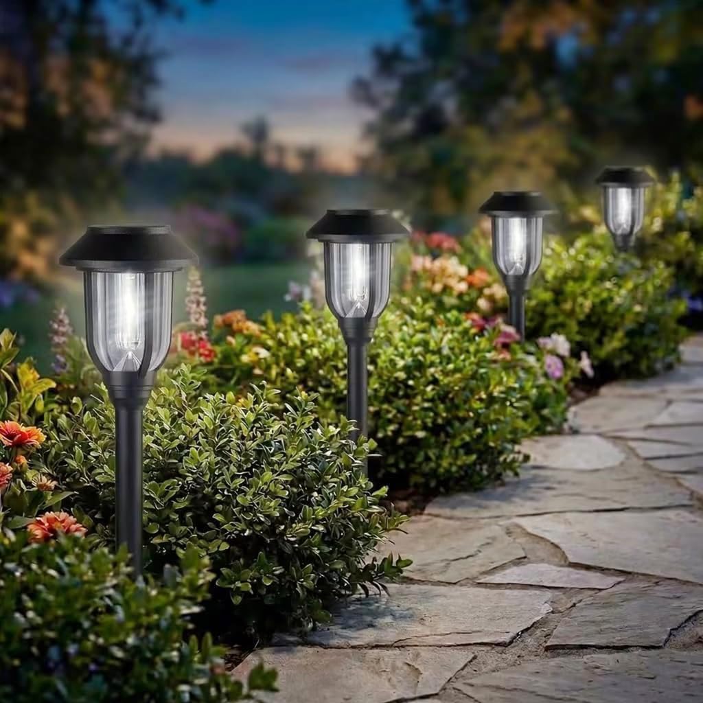 DOESLAG solar lights 8-pack brighten outdoor pathways with crisp cool white glow.