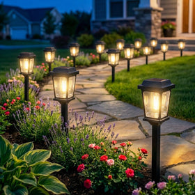 DOESLAG solar pathway light illuminates front walkway with a warm 3000K glow.