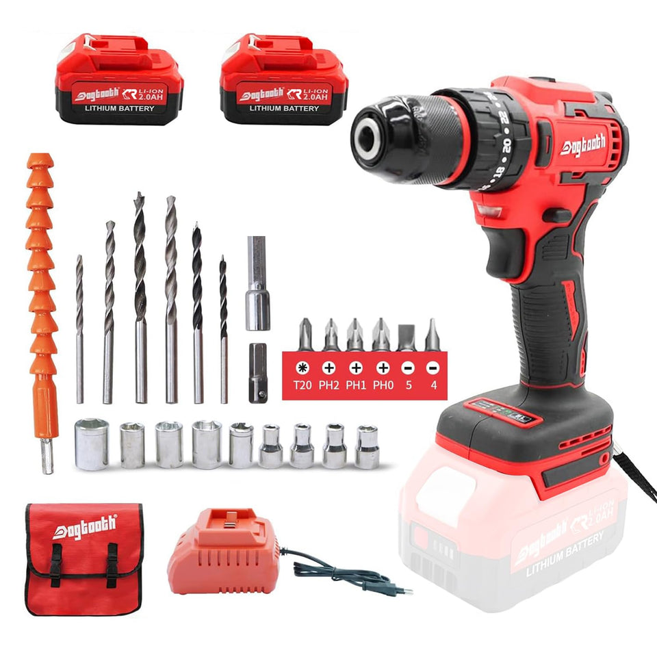 Dogtooth 21V drill with compact brushless motor for efficient power and cooler operation.