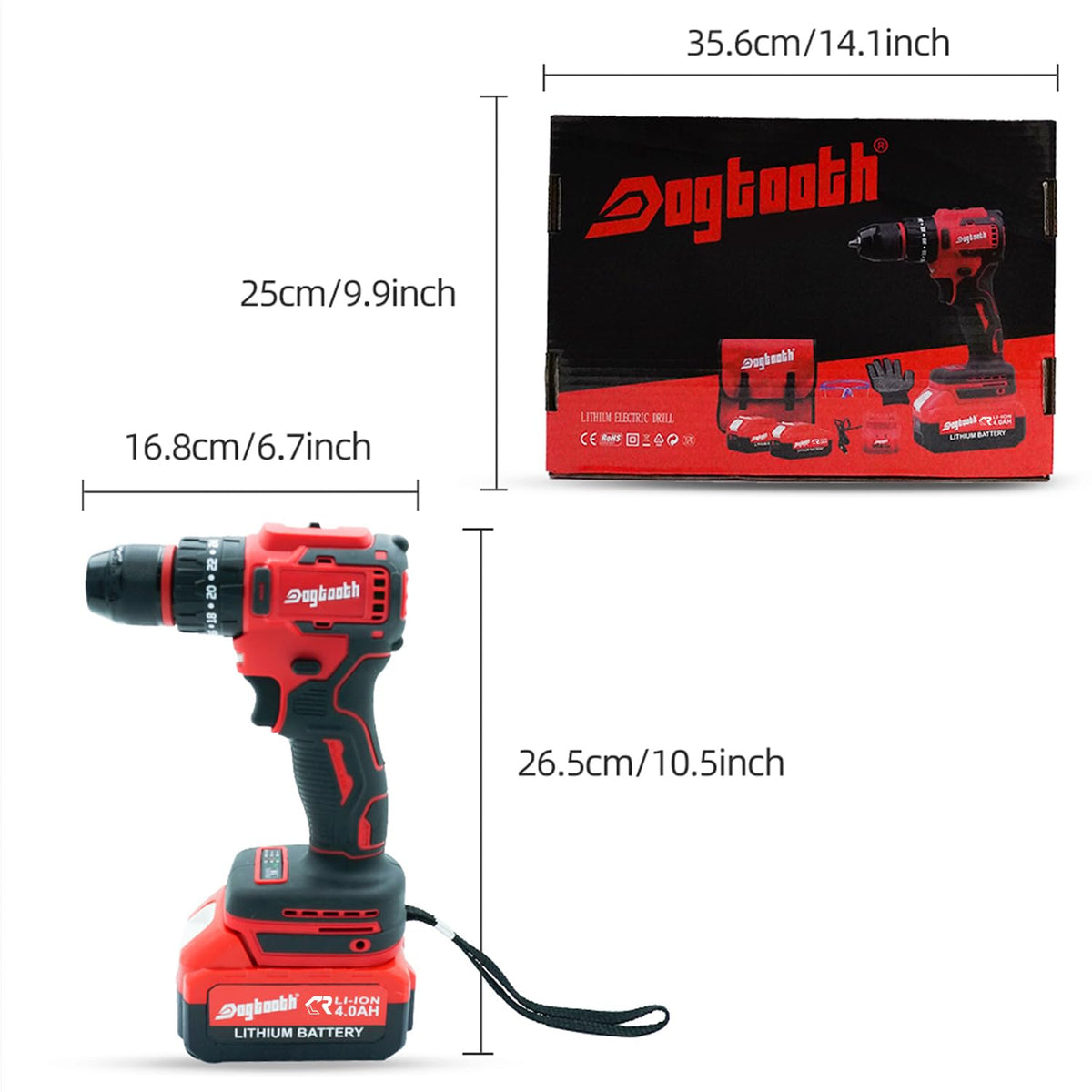 Dogtooth 21V drill showing dual 2.0Ah batteries for longer sessions.