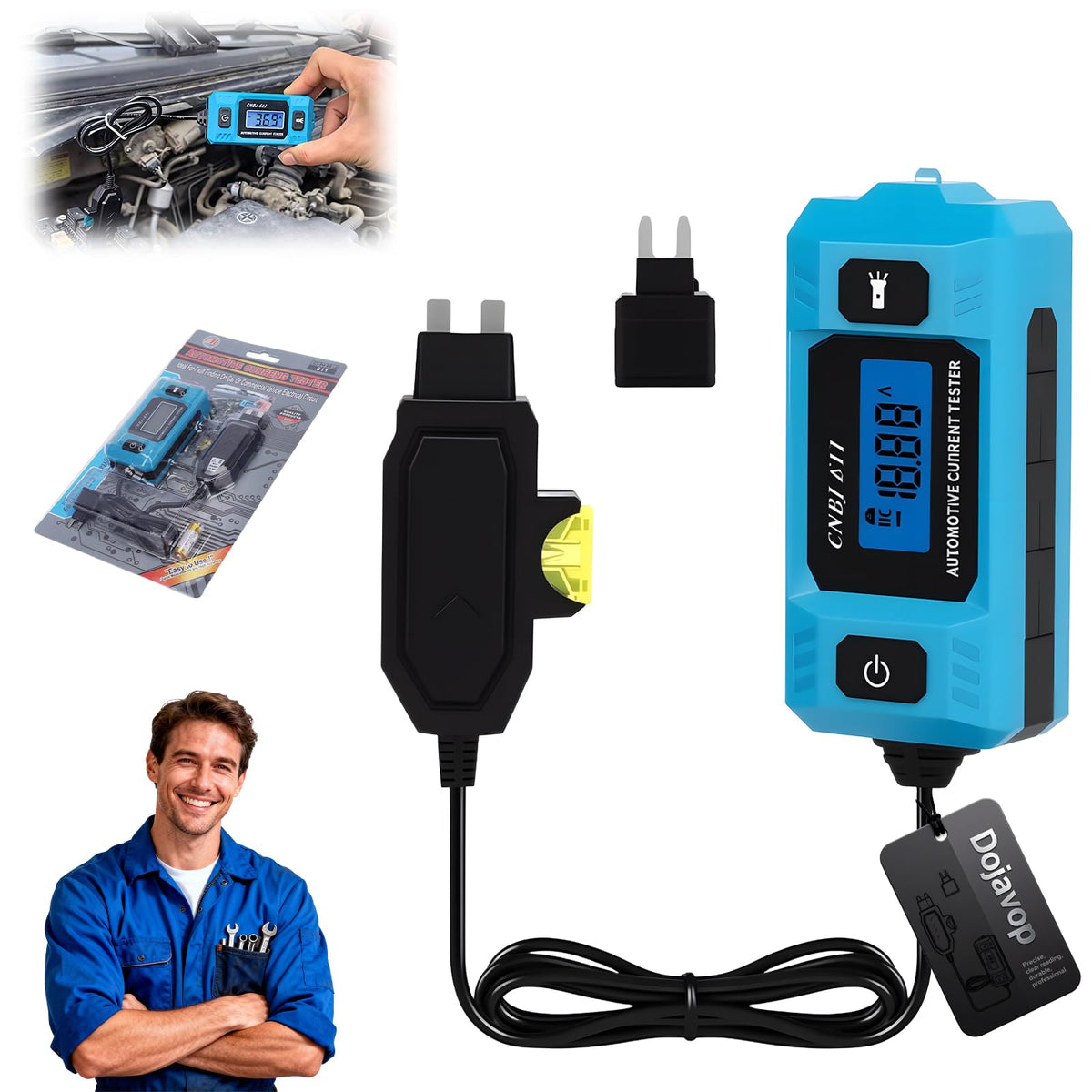 Dojavop car fuse relay tester display shows real-time readings for quick diagnostics