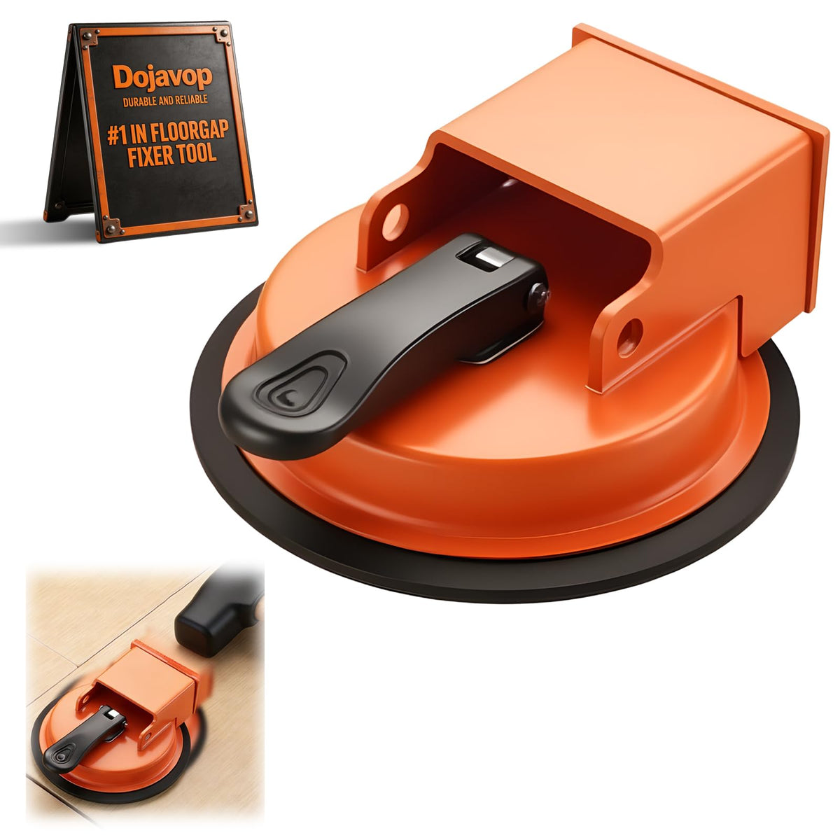 Dojavop floor gap fixer tool with suction cup aligning laminate seams.