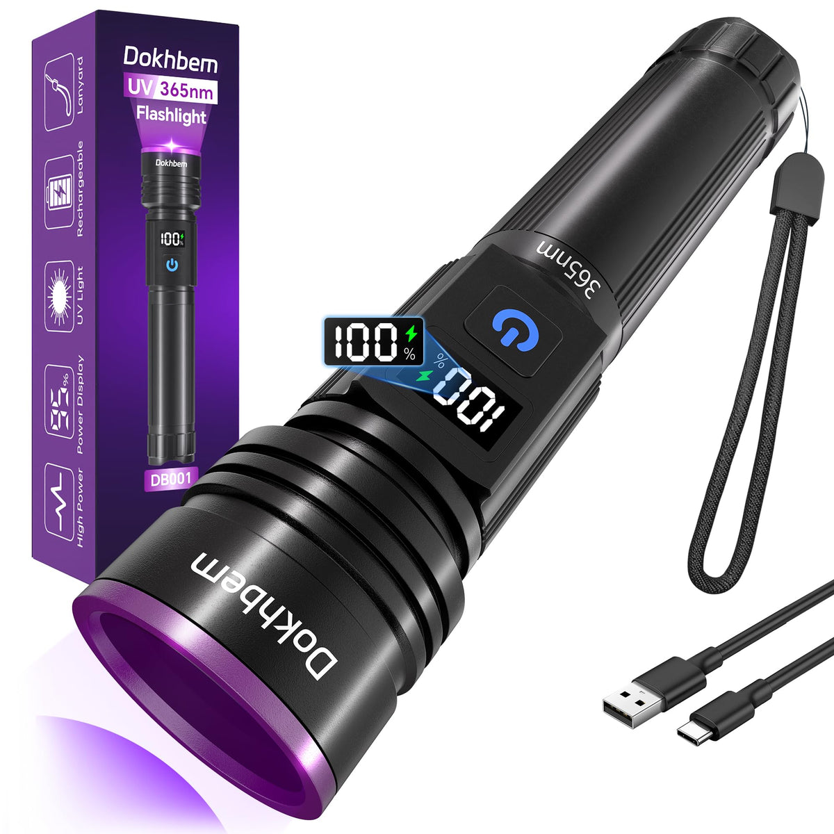 Dokhbem 365nm UV flashlight front view shows rugged build for reliable field detection.