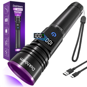 Dokhbem 365nm UV flashlight front view shows rugged build for reliable field detection.