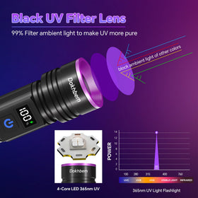 Dokhbem 365nm UV flashlight LCD display clearly presents battery level for precise planning.