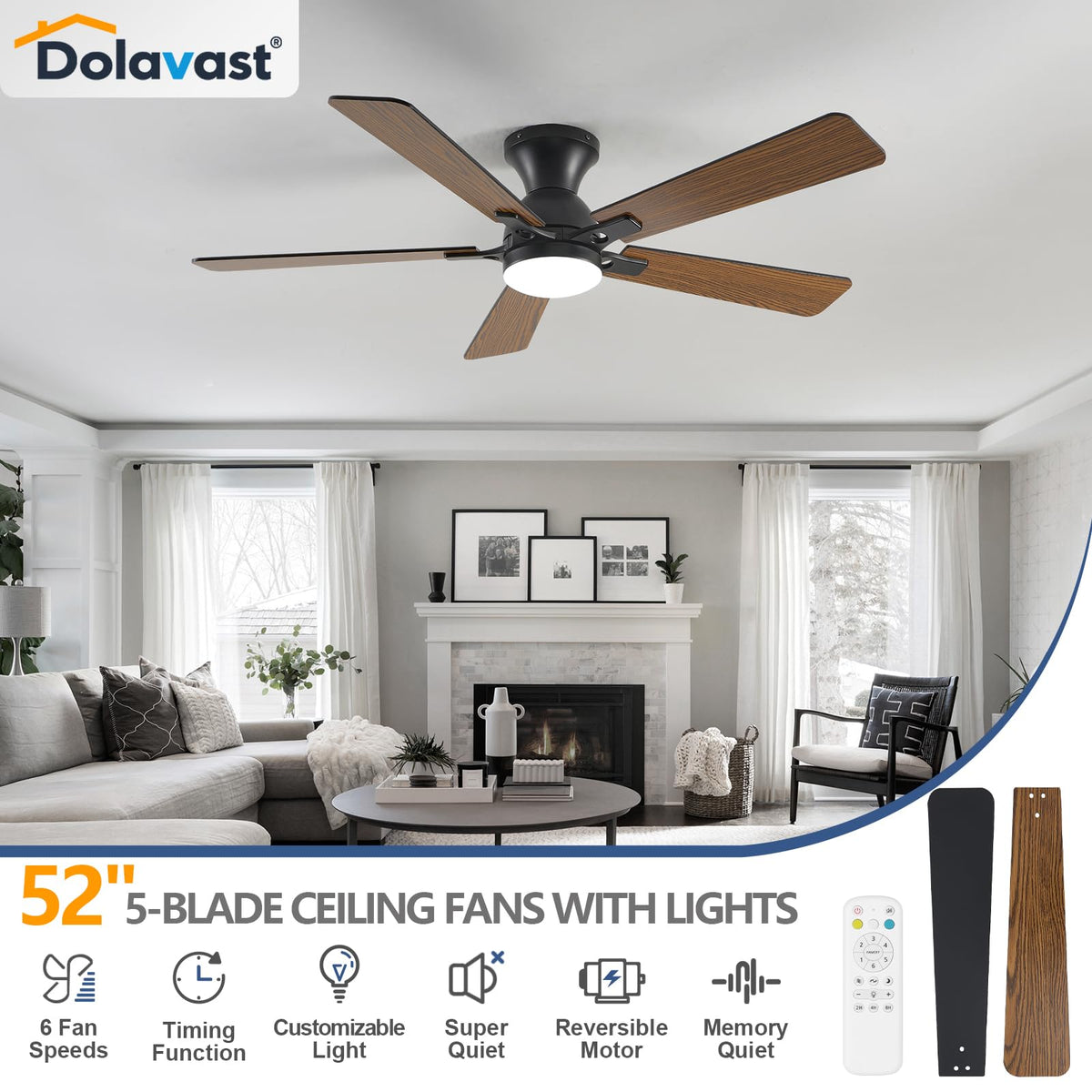 Dolavast 52-inch fan with light side view, balanced airflow for living rooms.