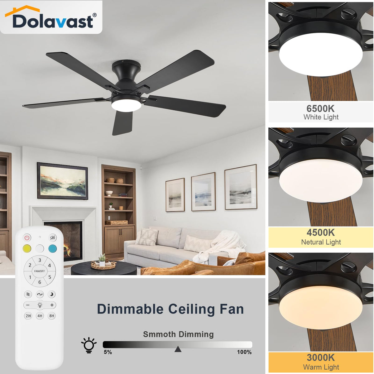 Dolavast quiet DC motor ceiling fan highlights whisper-quiet operation.
