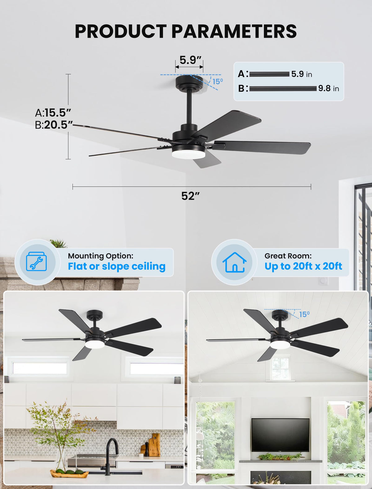 Dolavast sloped ceiling compatibility up to 15 degrees for vaulted spaces.