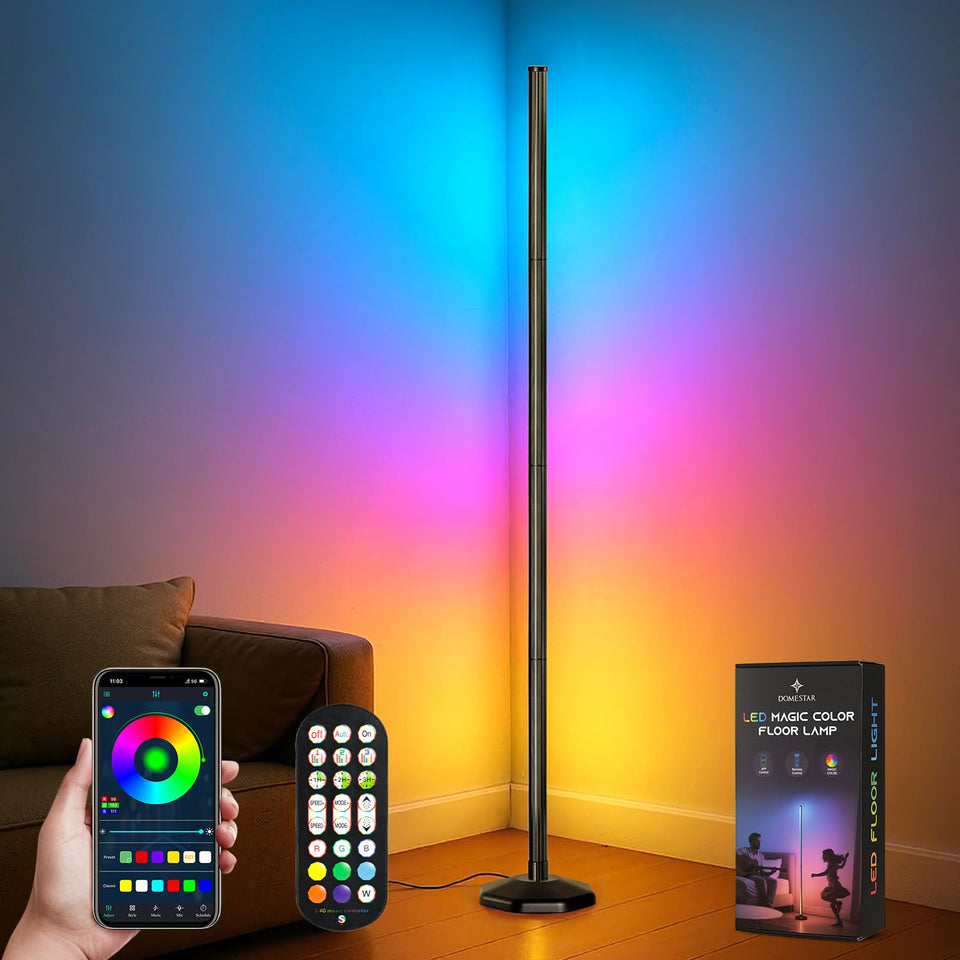 DomeStar RGBIC corner lamp front view with vivid colors for cinema-like ambience.