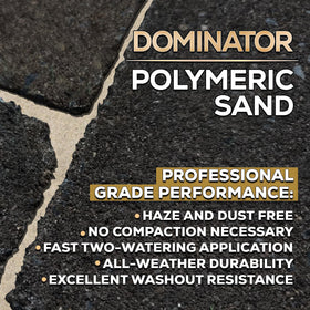 DOMINATOR polymeric sand packaging features easy pour handle for controlled pouring.