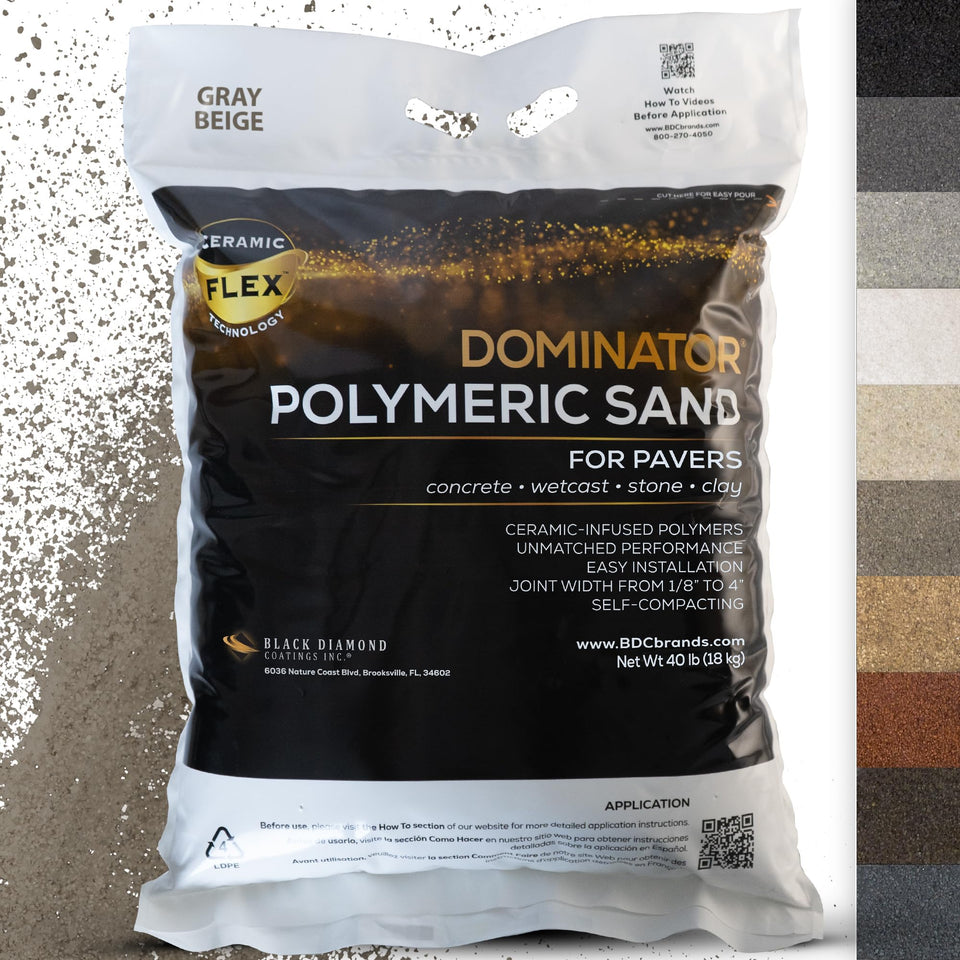 DOMINATOR polymeric sand 40 lb gray beige bag ready for installation