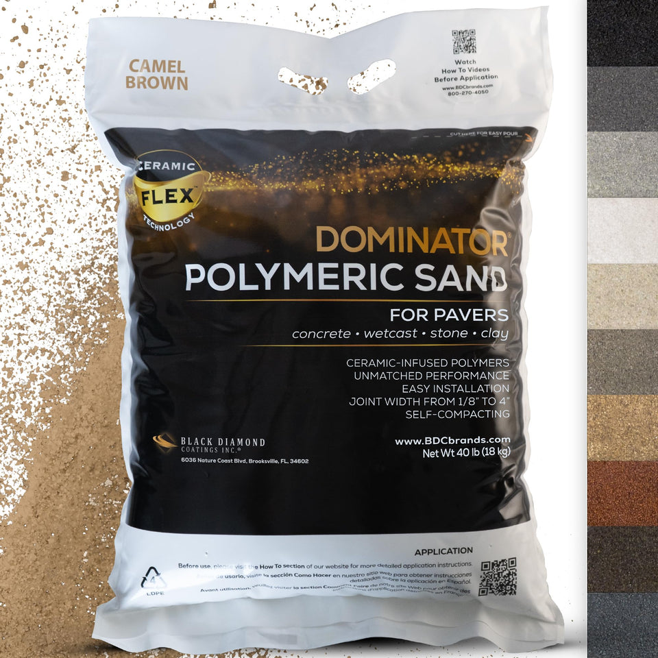 DOMINATOR polymeric sand camel brown bag with easy pour for faster installation.