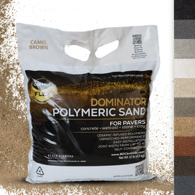 DOMINATOR camel brown polymeric sand bag front shows easy pour design for precise installation.