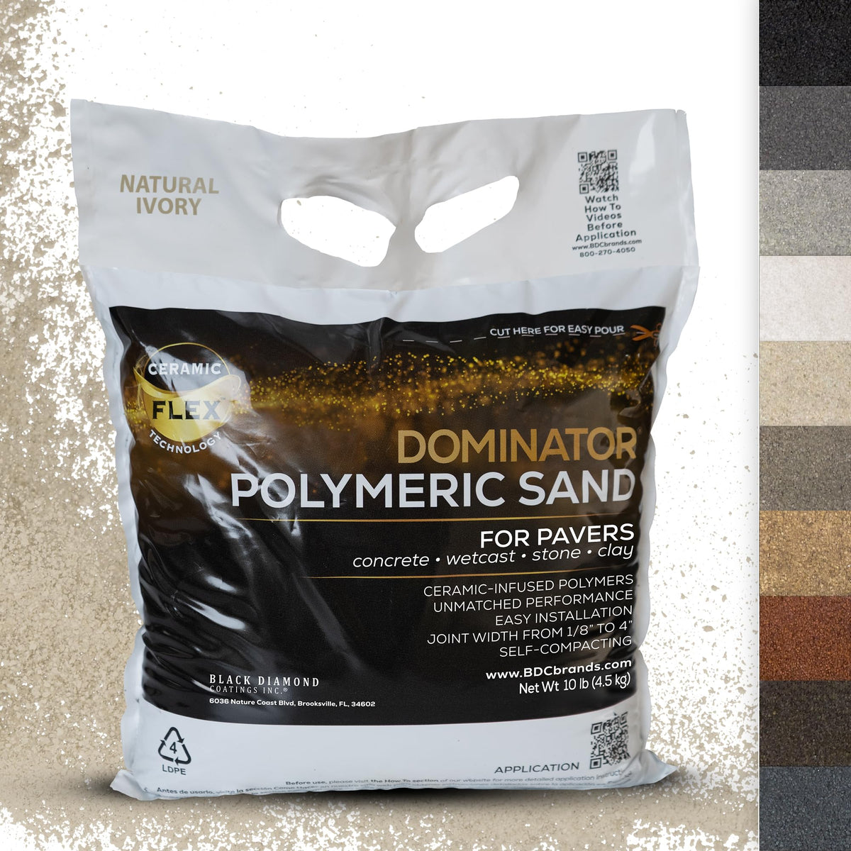 DOMINATOR ceramic flex technology shown in natural ivory polymeric sand for durable paver joints.