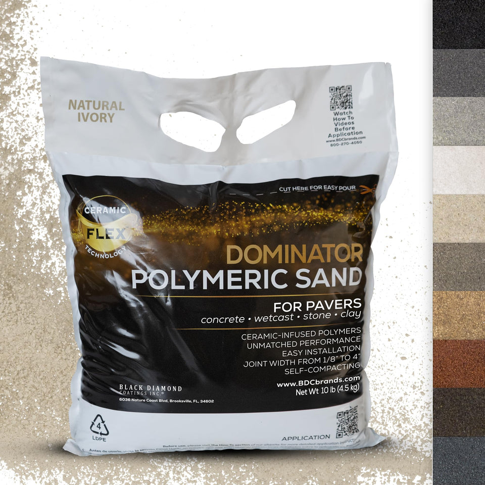 DOMINATOR ceramic flex technology shown in natural ivory polymeric sand for durable paver joints.