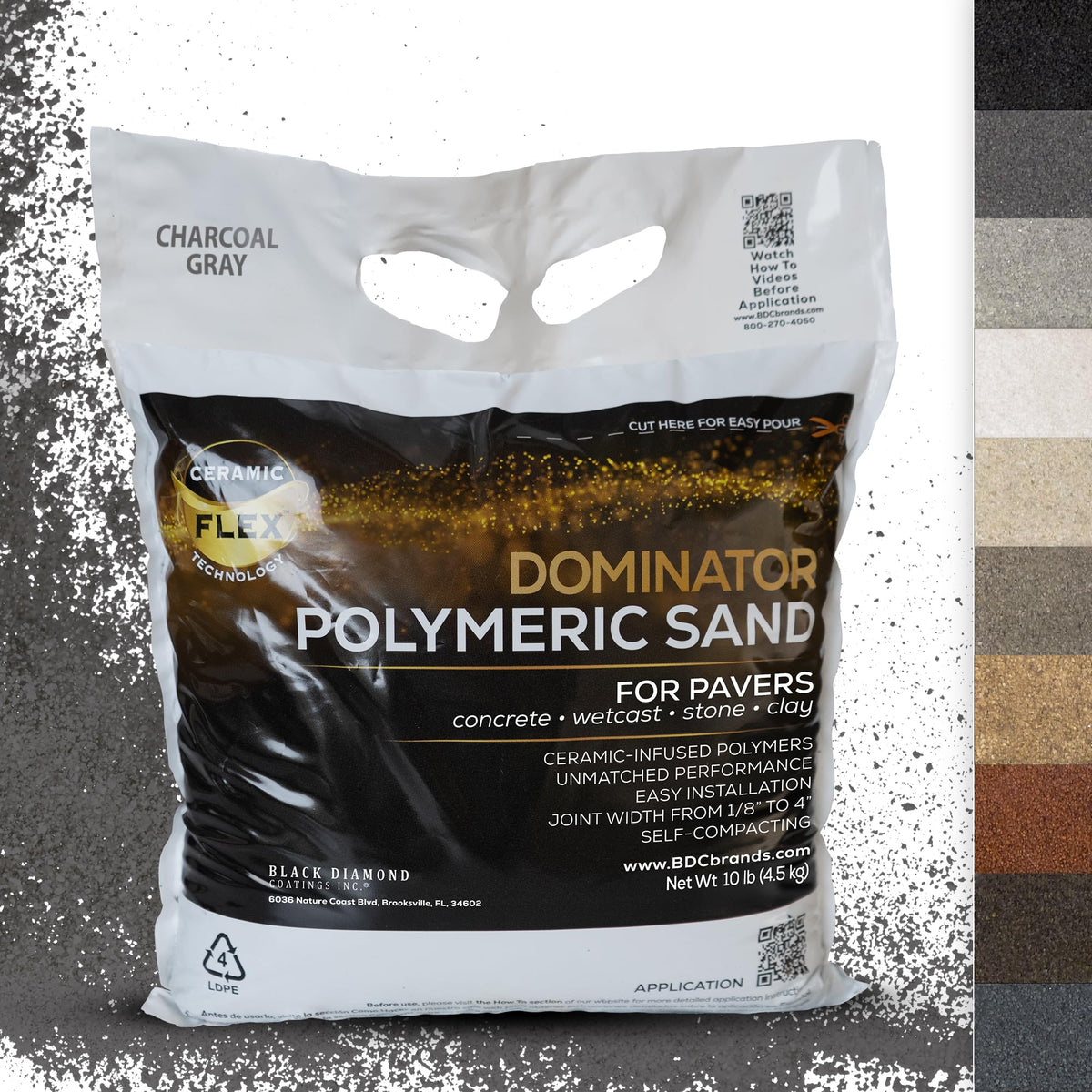 DOMINATOR Polymeric Sand showing Ceramic Flex technology for flexible, stable paver joints