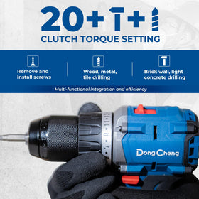 Dong Cheng half-inch chuck close-up showing secure bit retention
