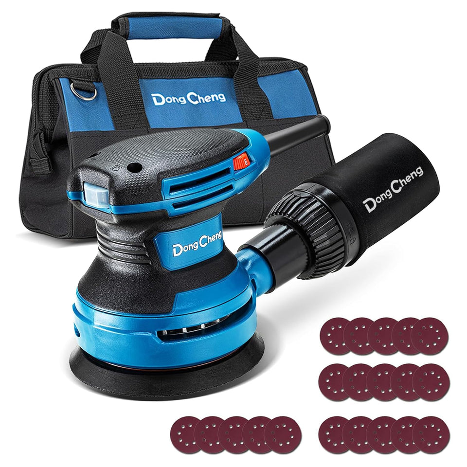 Dong Cheng 5‑inch orbital sander in hand for smooth wood finishing