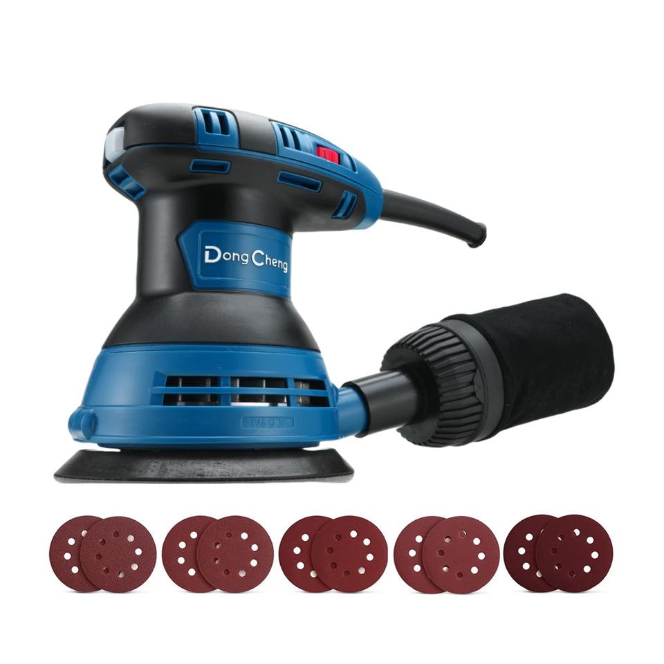 Dong Cheng 5-inch orbital sander with 3-Amp motor for smooth finishes.