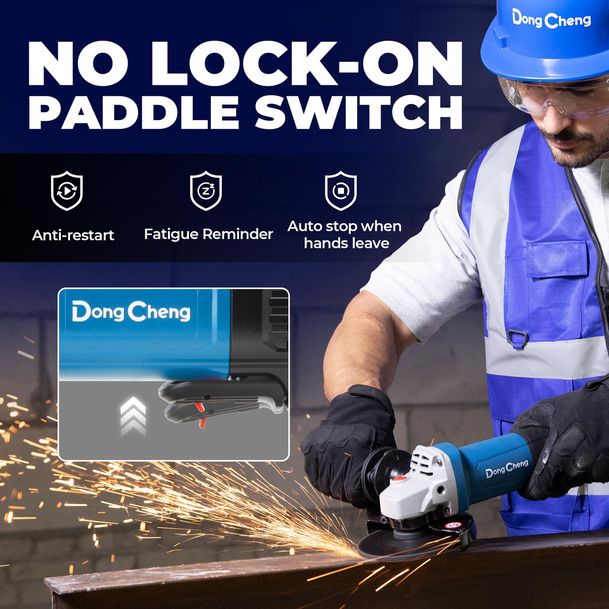Dong Cheng paddle-switch provides a two-stage lock-off for safer starts.