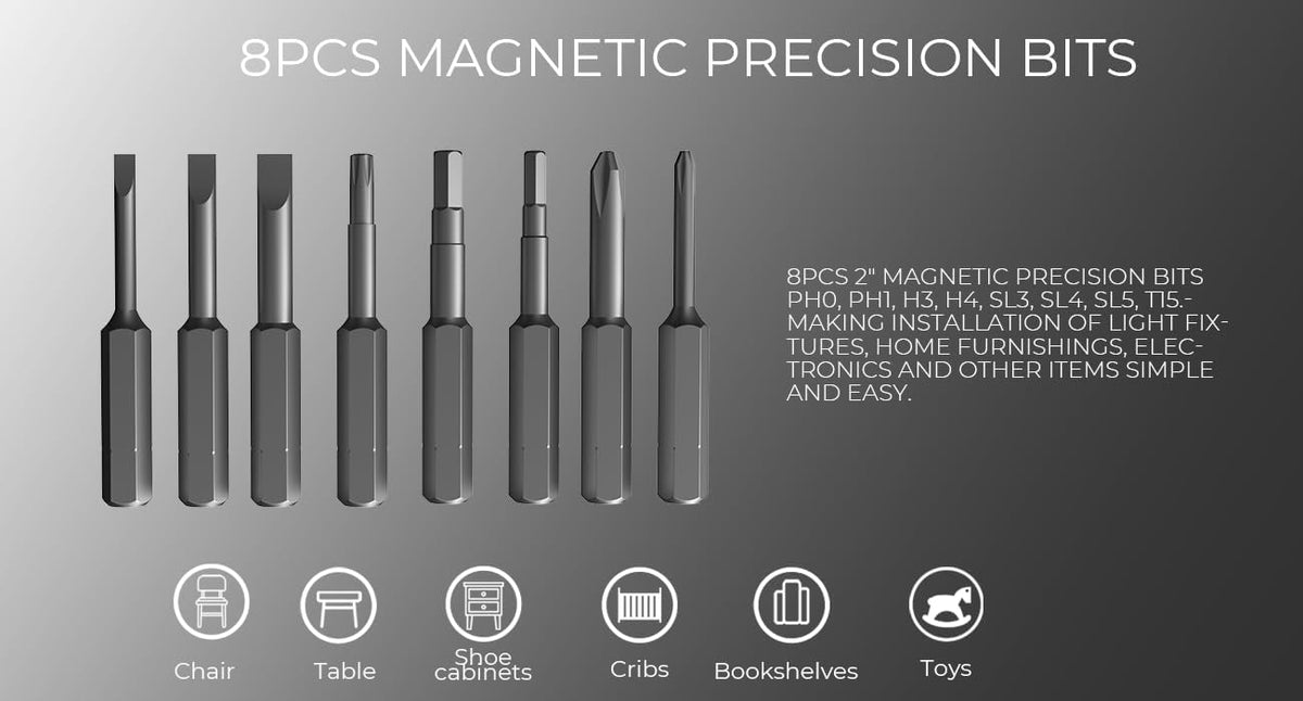 Eight magnetic bits and carry case included with DongCheng 4V kit.