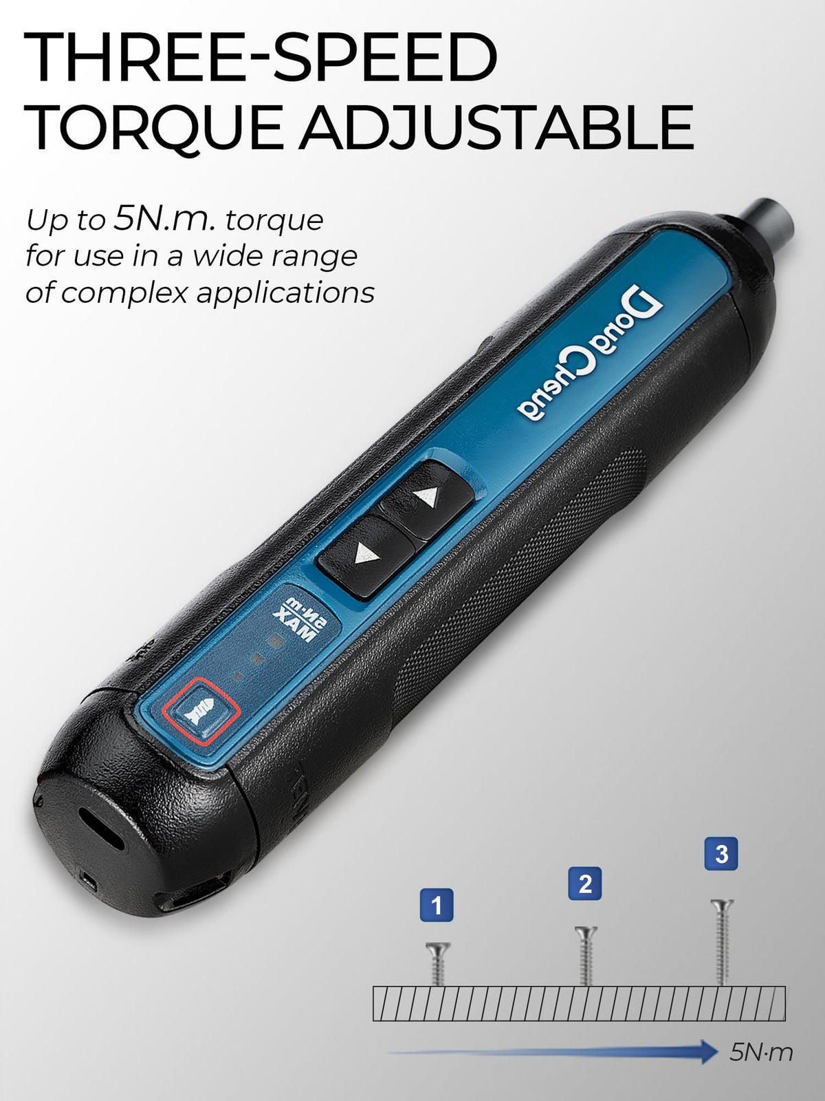 Three torque settings on DongCheng 4V screwdriver for precise tasks.