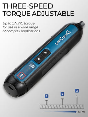 Three torque settings on DongCheng 4V screwdriver for precise tasks.