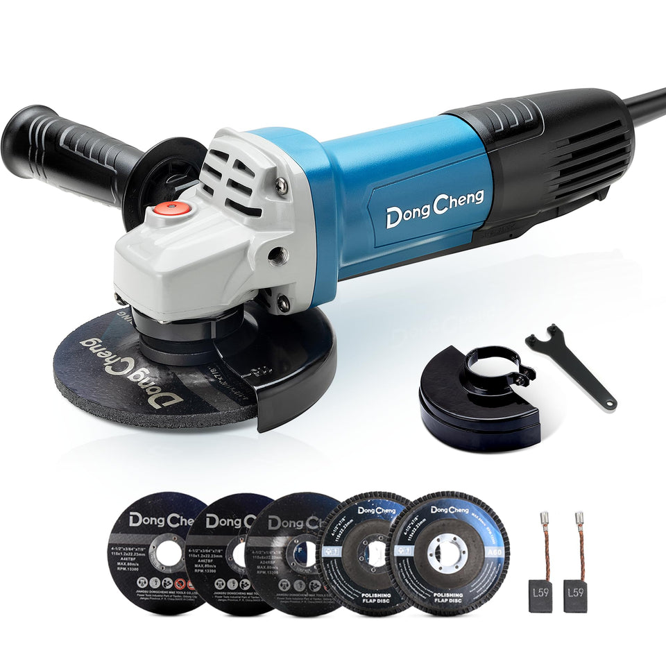 DongCheng angle grinder with 800W motor for metal cutting efficiency.