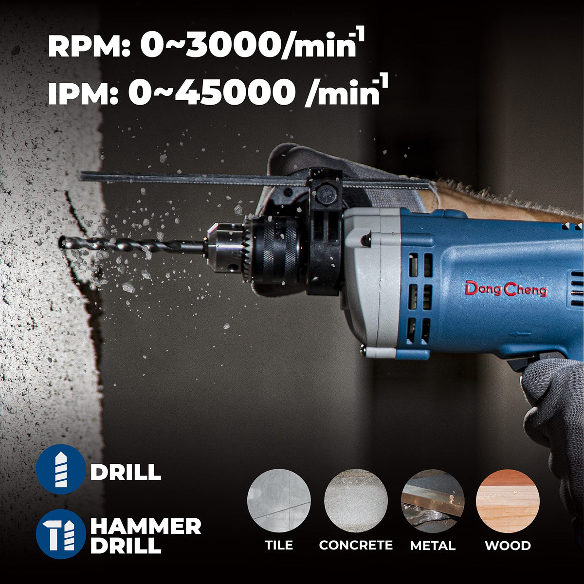 DongCheng hammer drill delivers up to 3000 RPM for efficient drilling