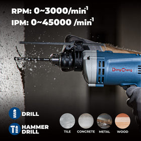 DongCheng hammer drill delivers up to 3000 RPM for efficient drilling