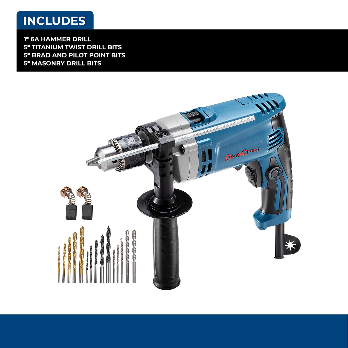 DongCheng drill kit includes drill, bits, handle, cord, and manual
