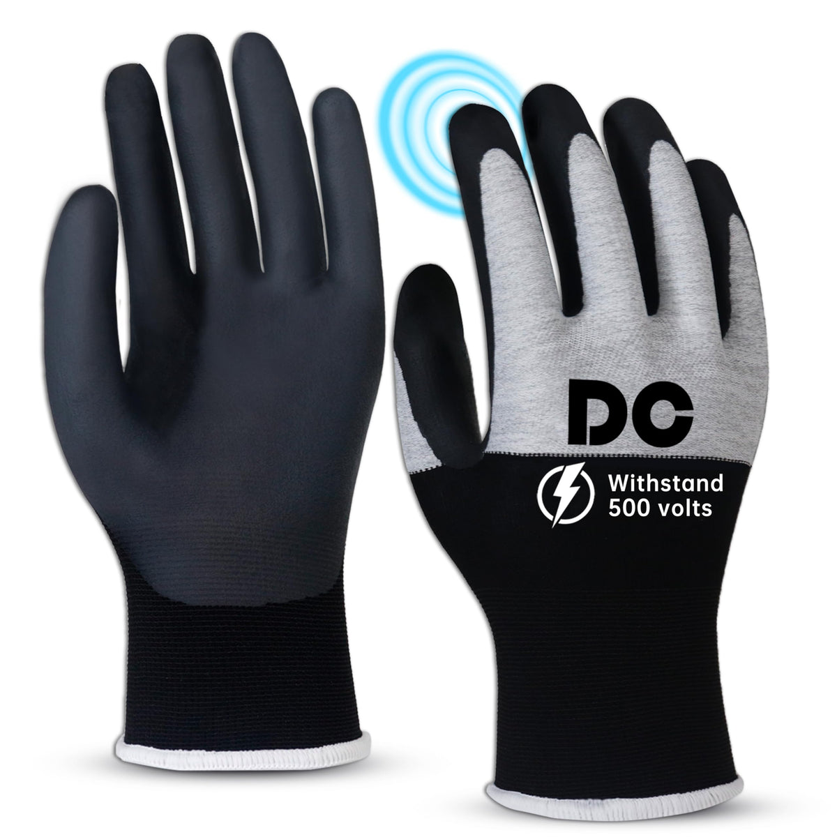 DongChu insulated electrician gloves with 500V touch-screen protection for safe electrical tasks.