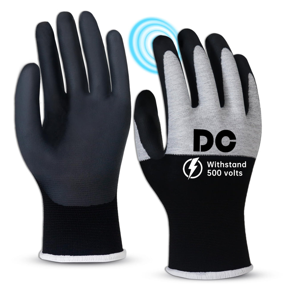 DongChu insulated electrician gloves with 500V touch-screen protection for safe electrical tasks.