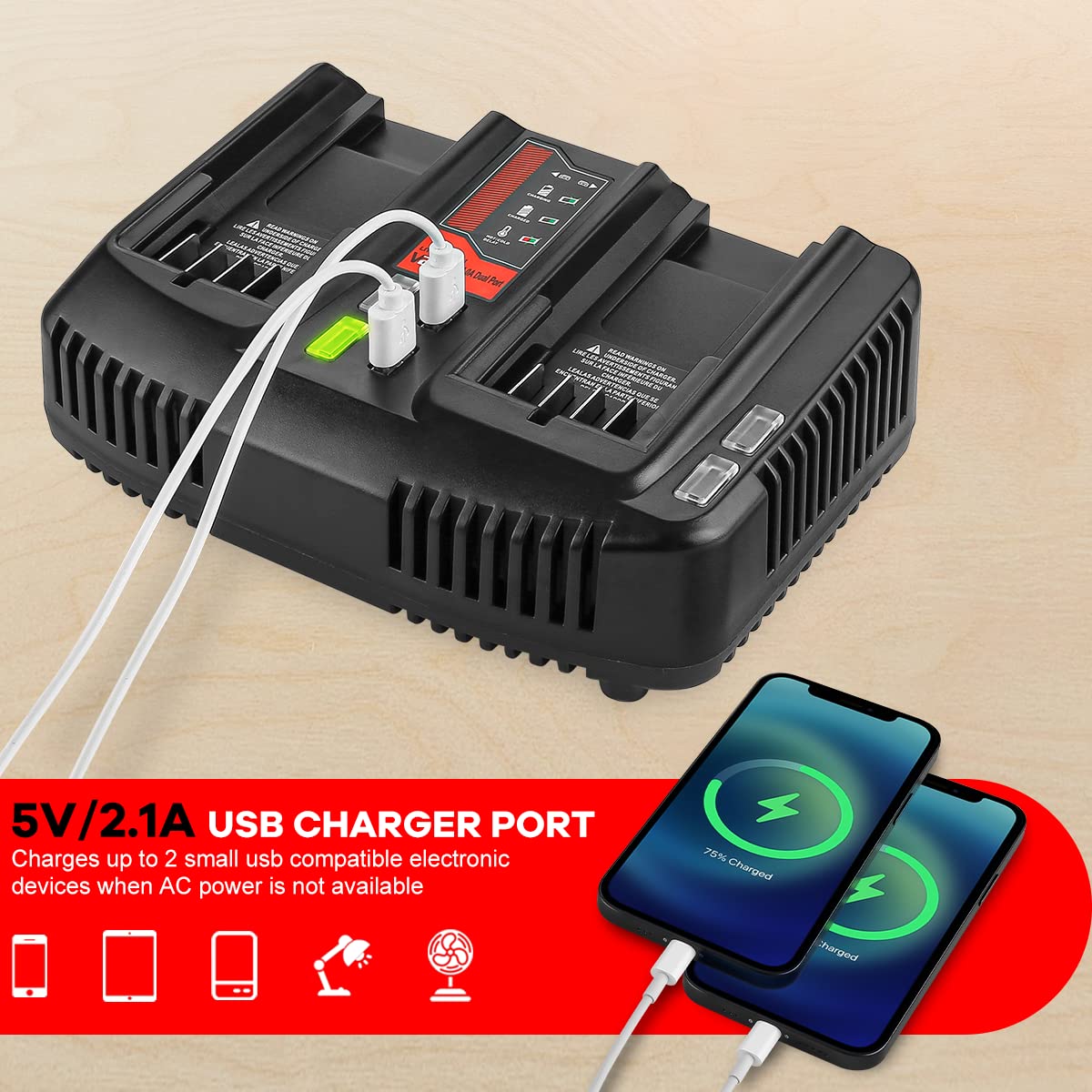 DONGPUCUN dual-port charger charges two 20V batteries simultaneously.