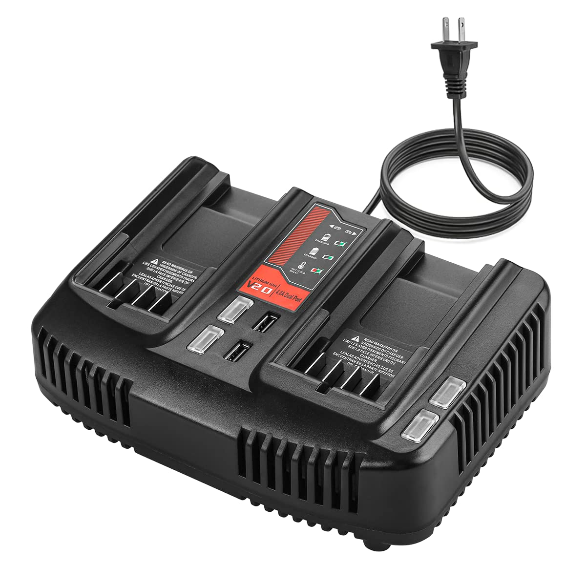DONGPUCUN dual-port charger front view for two-battery convenience.