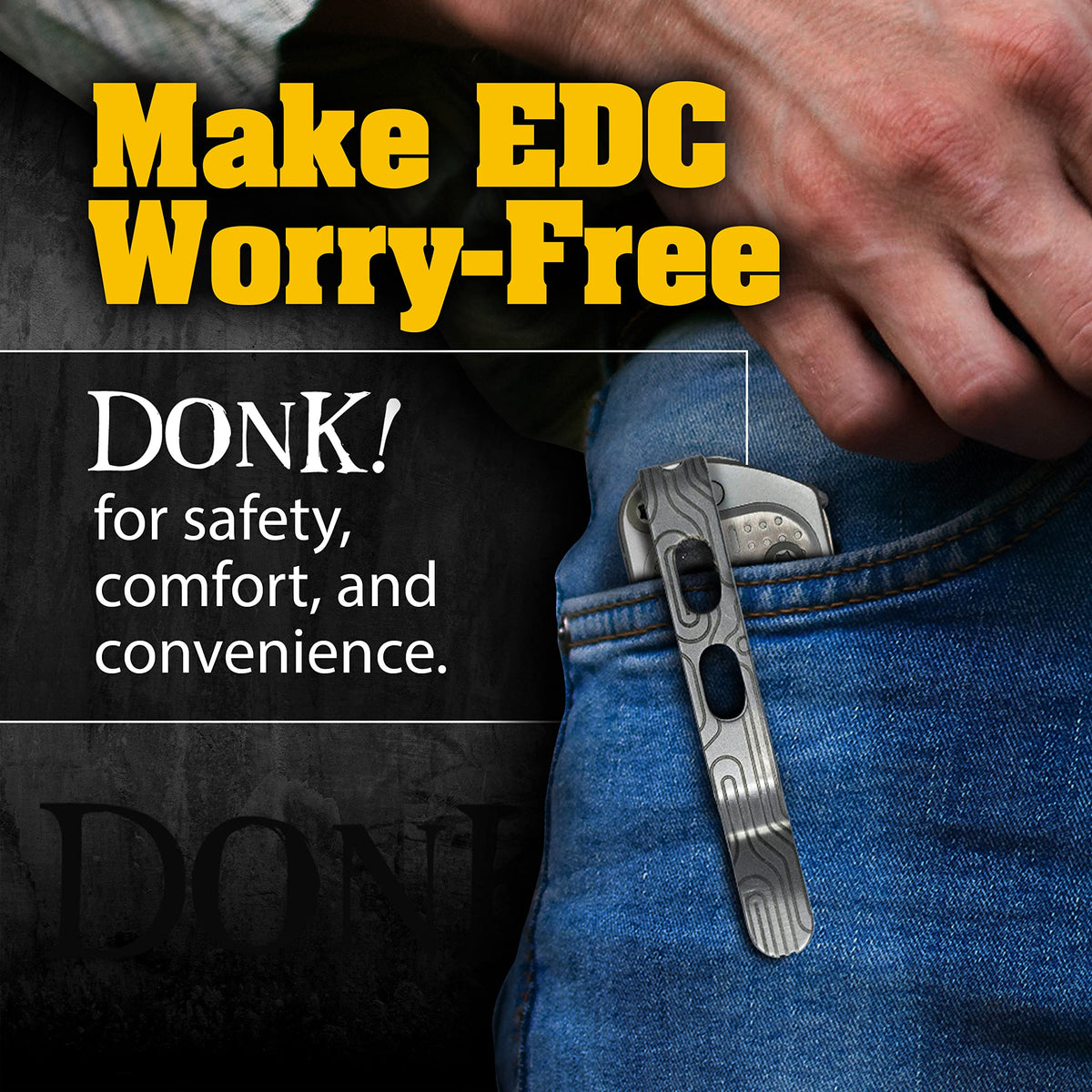 Lifetime guarantee accompanies Donk! pocket clip for long-term use.