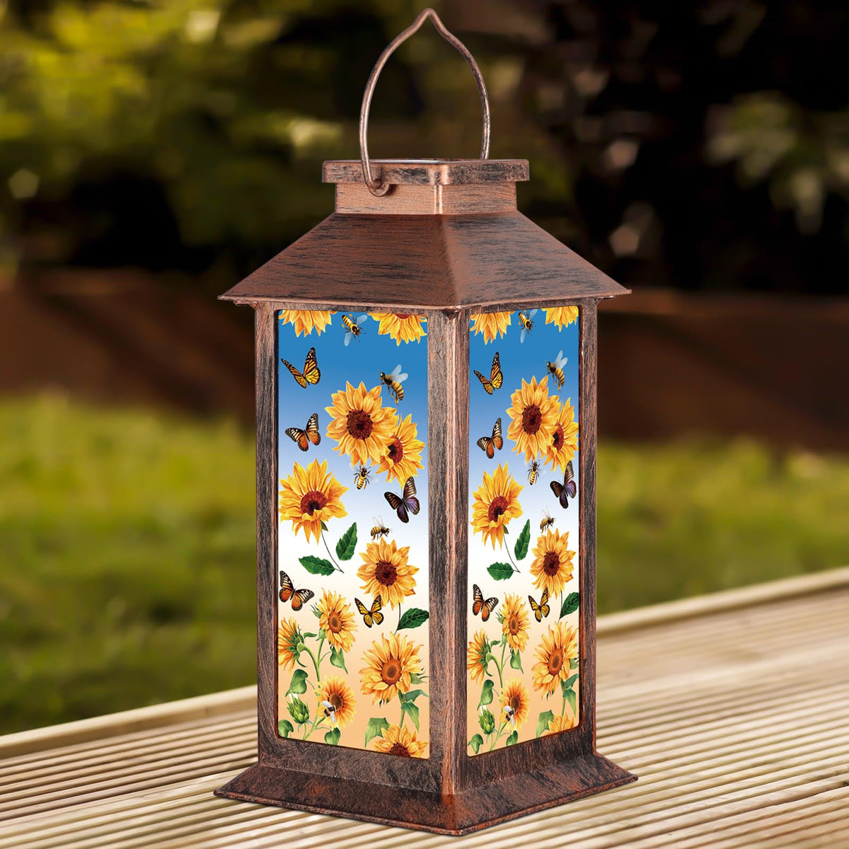 Doogarden solar lantern hanging from a hook in a garden setting