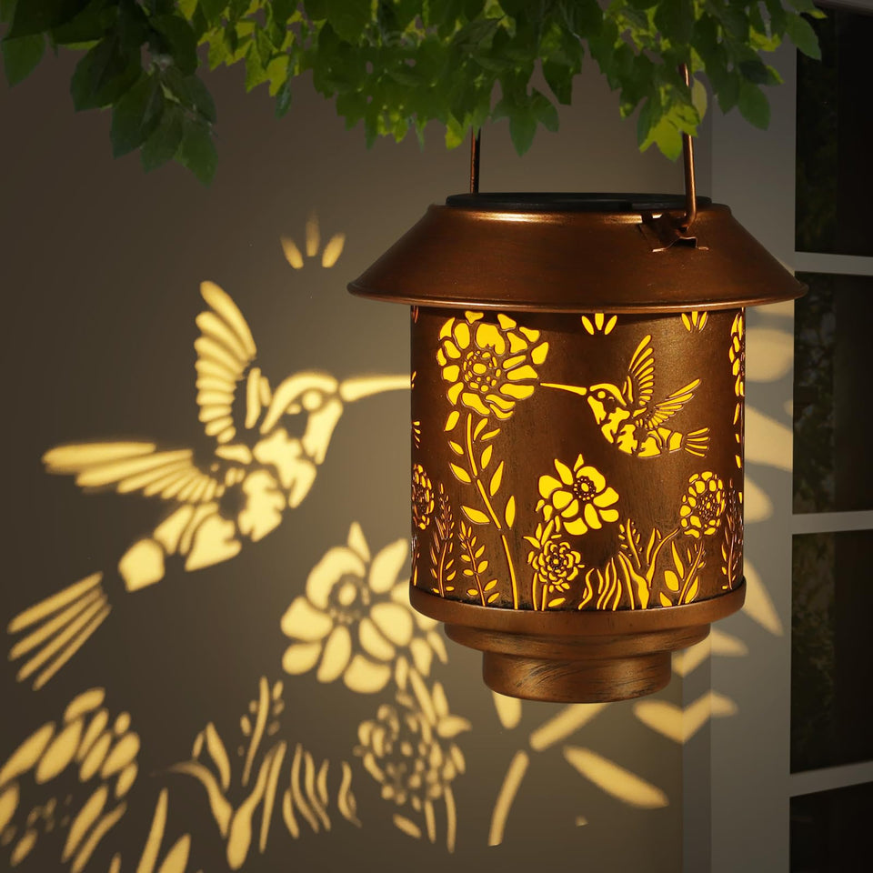 Doogarden solar lantern hanging exterior with hummingbird pattern for warm garden ambiance